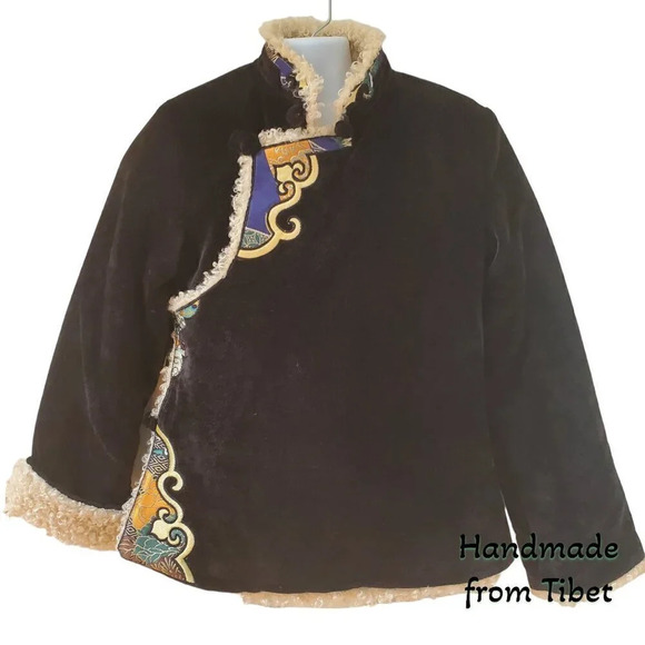 Handmade Tibetan | Cord Children's Coat with Angora Lining | Black | sz 5 / 6 - Picture 2 of 10